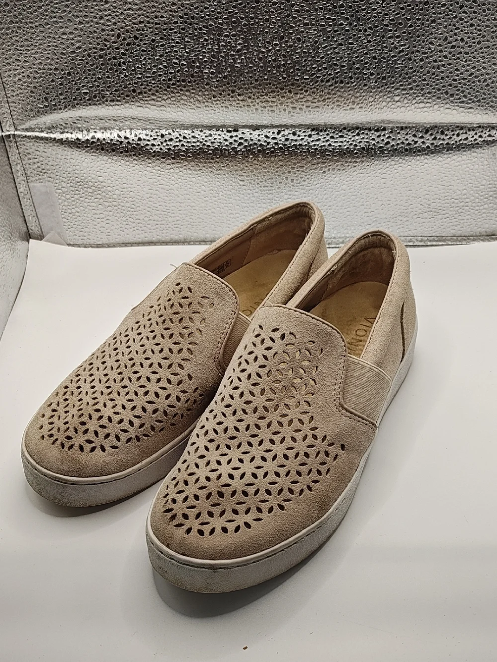 Vionic Women Shoes 6.5 Tan Suede Laser Cut Perforated Slip On Sneakers
